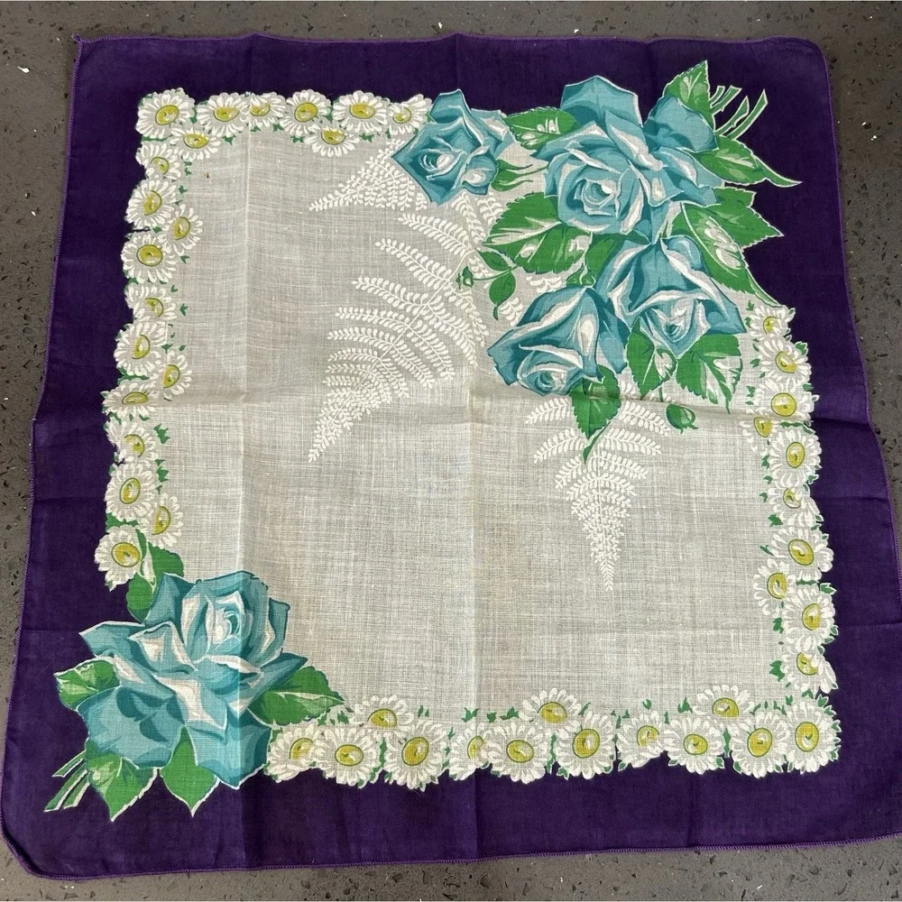 Vintage Blue Floral Roses White Daisies Purple Trim Hankie Handkerchief Linen